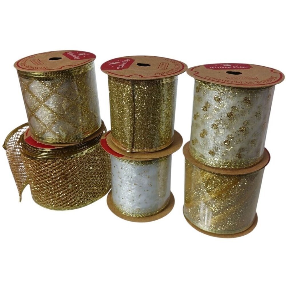 Meedee 2.5" Wired Edge Glitter Christmas Ribbon Set 6 Rolls Gold & White 36 Yard